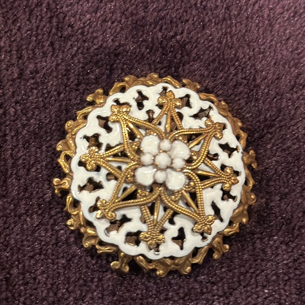 White Enamel Ornate brooch With Milk Glass Rhinestones 1950s